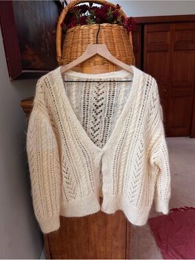 Open-Knit Cream V-Neck Women's Sweater Cardigan